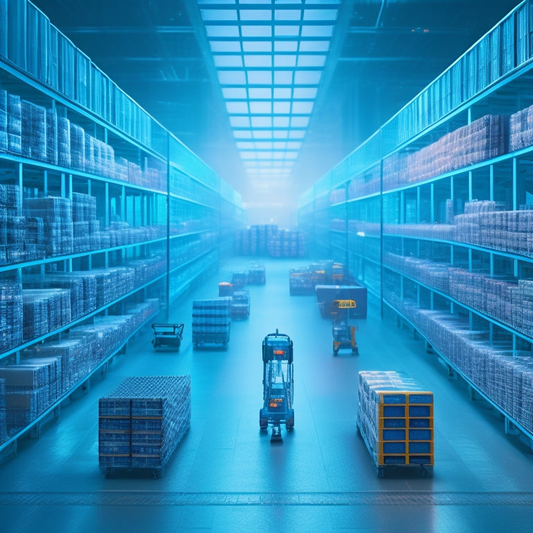 A futuristic warehouse with rows of shelves, robots, and drones moving inventory, surrounded by holographic data displays and a cityscape outside, symbolizing efficient inventory planning.