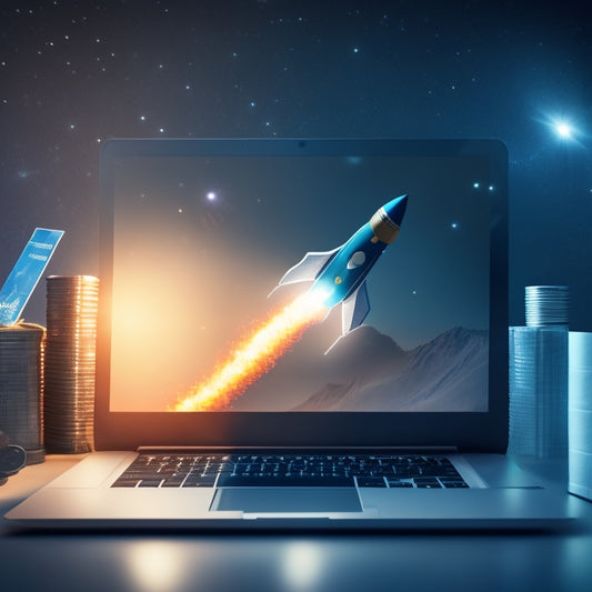 A rocket ship blasting off from a laptop screen, surrounded by rising graphs, coins, and shopping bags, set against a dark blue background with subtle starry night sky elements.