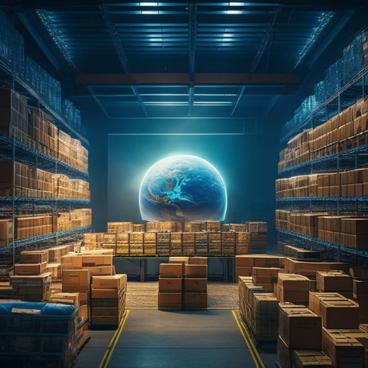 A futuristic, high-ceilinged warehouse with rows of shelves, crates, and boxes, featuring a massive, glowing globe in the center, surrounded by conveyor belts and robotic arms in motion.