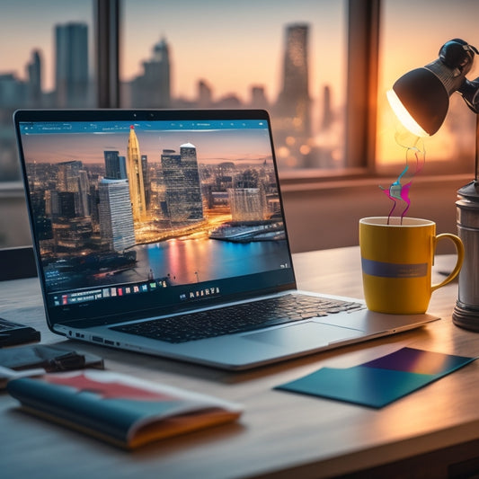 A laptop on a modern desk, surrounded by colorful sticky notes and a cup of coffee, with a blurred-out cityscape in the background, and a subtle graph trending upward on the screen.
