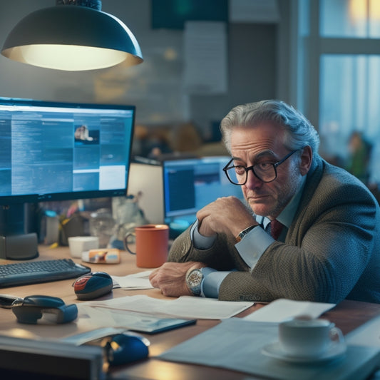A frustrated merchant sitting at a cluttered desk, surrounded by papers and computers, with a puzzled expression, staring at a frozen PayPal payment processing screen on the monitor.