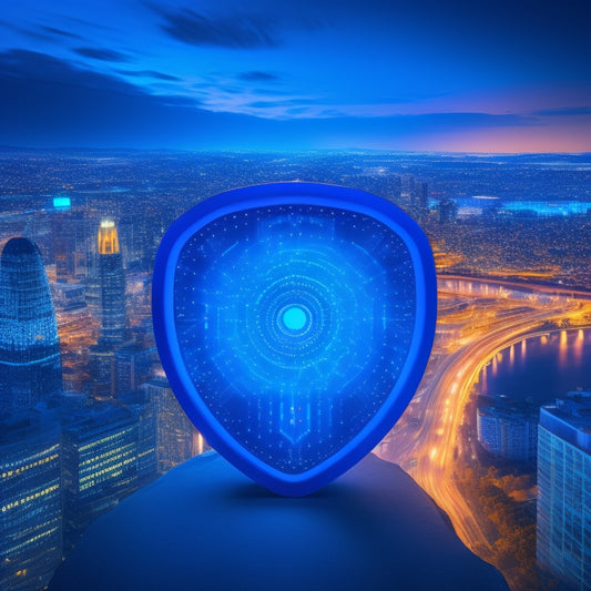 A shield with a glowing blue border, surrounded by swirling patterns of 1s and 0s, with a subtle cityscape at dusk in the background, conveying security and digital protection.