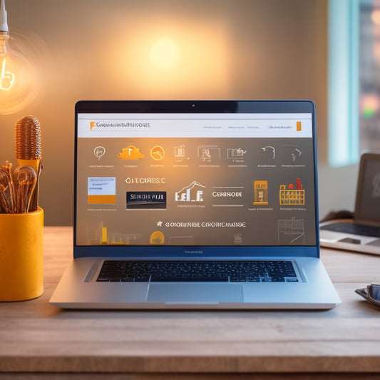 A laptop screen displaying a course creation platform, surrounded by ecommerce-related icons (shopping cart, credit card, etc.), with a subtle background of a growing graph, and a lightbulb hovering above.