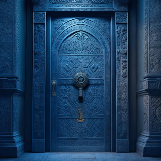 An illustration of a mysterious ancient door with intricate carvings, surrounded by cryptic symbols and ciphers, with a faint glow emanating from the keyhole, set against a dark blue background.