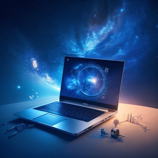 A futuristic, minimalist illustration featuring a large, glowing blueprints unfurling from a sleek, silver laptop, surrounded by orbiting gears, cogs, and sparks, set against a dark, starry night sky.