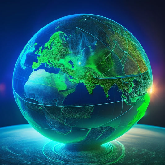 A stylized globe with glowing blue lines and nodes connecting major cities, surrounded by abstract, swirling shapes in shades of green, conveying speed, efficiency, and global connectivity.