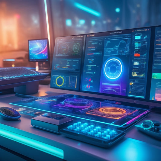 A futuristic dashboard with sleek, curved lines, displaying various automation tools as colorful, interconnected gears, with a laptop and a tablet in the background, surrounded by subtle, glowing circuitry patterns.