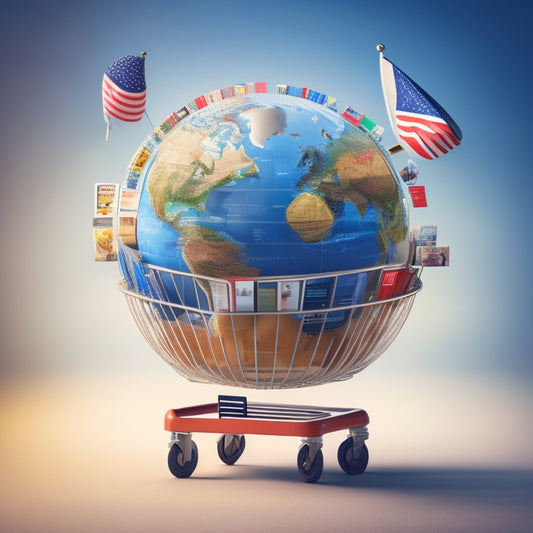 An illustration of a globe with the US highlighted, surrounded by e-commerce icons (shopping carts, tablets, etc.) and arrows radiating outward, symbolizing expansion and growth.