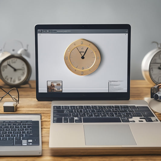 An illustration of a simplified ecommerce workflow: a laptop with a digital download icon above it, surrounded by minimalist clock gears, with a few swift arrows connecting them in a seamless flow.