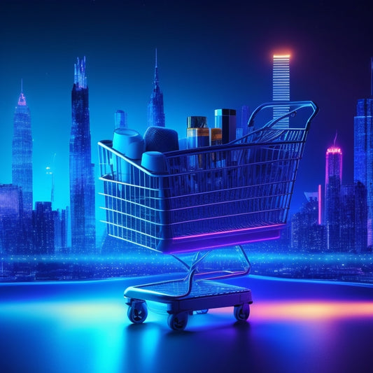 A futuristic, minimalist illustration of a spiral-shaped online shopping cart overflowing with various products, set against a gradient blue background with subtle circuit board patterns and neon-lit cityscape silhouettes.