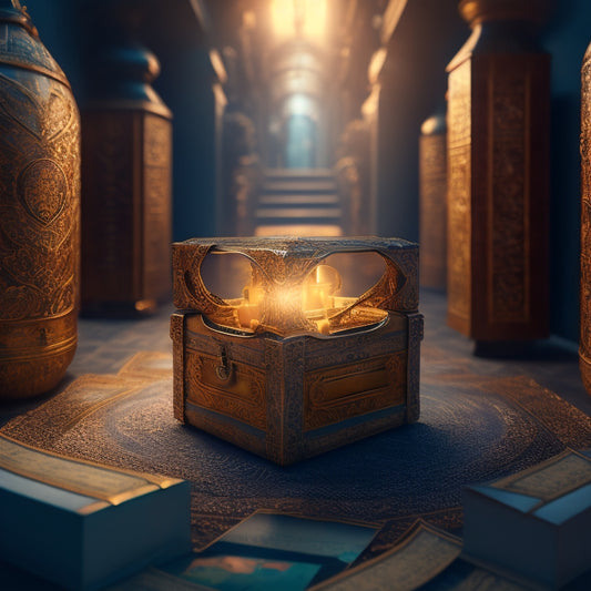 A maze with a treasure chest in the center, surrounded by scattered price tags and question marks, with a faint glow emanating from the chest, and a subtle hint of a digital background.