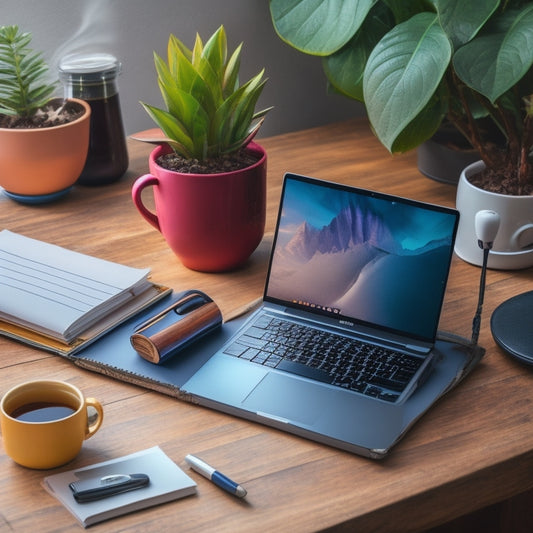 A desk with a laptop, surrounded by essential items: a cup of steaming coffee, a notebook with a pen, a small plant, and a set of colorful folders and tabs, with a subtle background gradient.