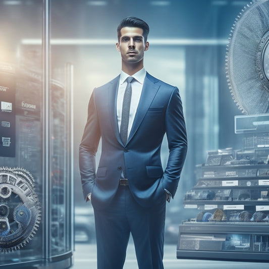 An illustration of a businessperson standing in front of a large, intricate gear system, with various payment method icons (e.g. credit cards, mobile wallets) rotating smoothly around them.