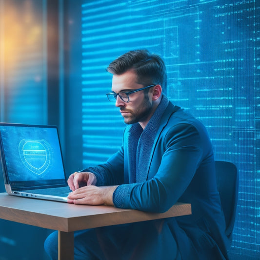 A minimalist illustration of a person sitting in front of a laptop, surrounded by shields and locks, with a subtle background of circuit boards and coding patterns, conveying a sense of online security.