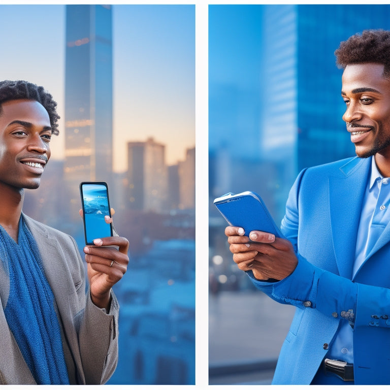 A split-screen image: on one side, a person holding a smartphone, standing in front of a blurred cityscape, with a puzzled expression; on the other, the same person, smiling, holding a cash-filled envelope, with a bright, gradient blue background.