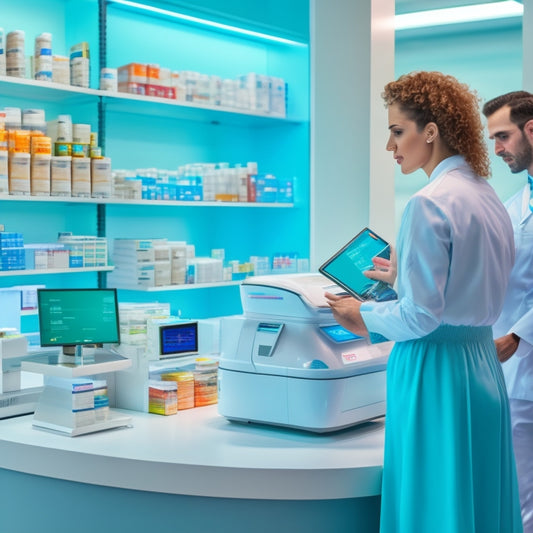 A futuristic pharmacy counter with a sleek, touchscreen POS system, surrounded by shelves stocked with medications, a robot arm in the background, and a pharmacist assisting a patient in the foreground.