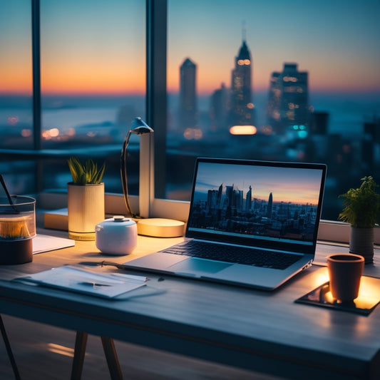 A minimalist desk with a sleek laptop, surrounded by organized folders and a few stylishly arranged USB drives, against a blurred background of a cityscape at dusk, symbolizing modern digital entrepreneurship.