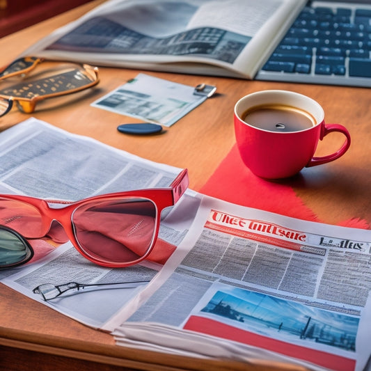 A cluttered newsroom desk with scattered papers, a cup of coffee, and a pair of reading glasses, featuring a prominent, unfolded newspaper with a bold, red headline and a partially filled-out RFP template in the background.