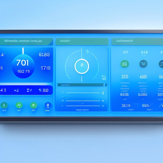 A stylized dashboard with various gauges, meters, and charts in shades of blue and green, surrounded by minimalist customer icons and subtle network connection lines, set against a clean white background.