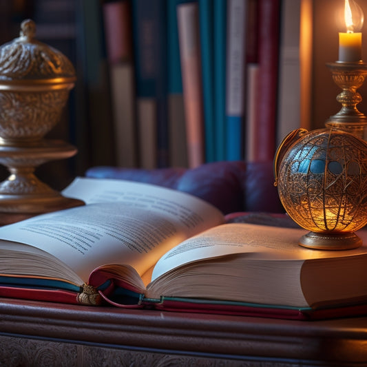 A vibrant, open book with glowing golden light emanating from its pages, surrounded by a miniature globe, a pair of reading glasses, and a comfortable reading nook with a plush armchair.