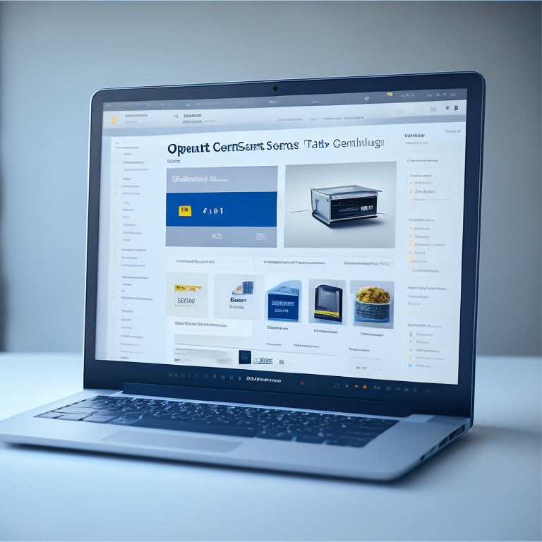 A stylized illustration of a laptop screen displaying an OpenCart 1.5 dashboard, with a prominent "Downloads" tab and various product icons, surrounded by subtle coding brackets and minimalistic shapes.