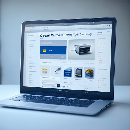 A stylized illustration of a laptop screen displaying an OpenCart 1.5 dashboard, with a prominent "Downloads" tab and various product icons, surrounded by subtle coding brackets and minimalistic shapes.