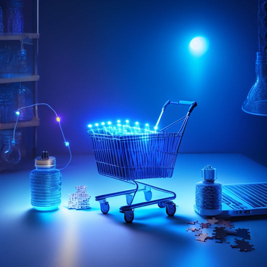 A minimalist illustration featuring a laptop and a shopping cart merged together, surrounded by glowing light bulbs, gears, and puzzle pieces, set against a soft, gradient background of blues and whites.