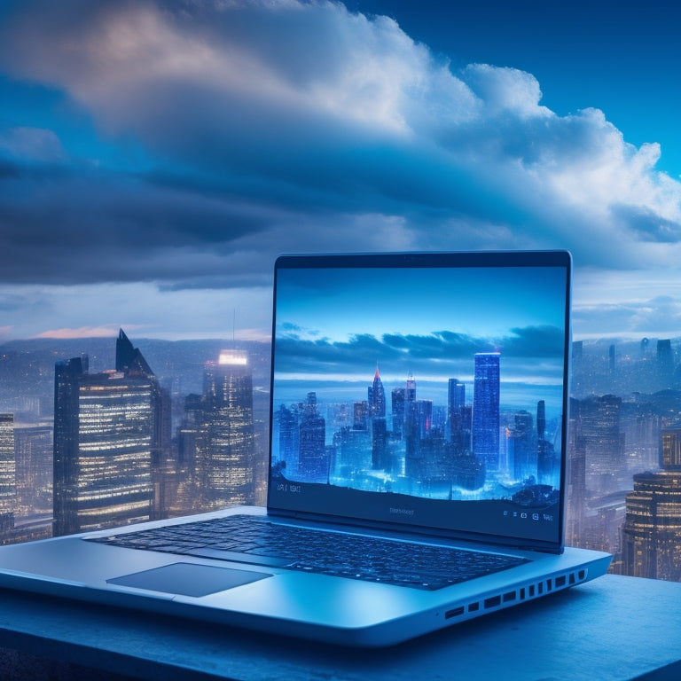 A futuristic, minimalist illustration featuring a laptop with a glowing screen displaying a download icon, surrounded by swirling clouds of 1s and 0s, with a subtle cityscape in the background.
