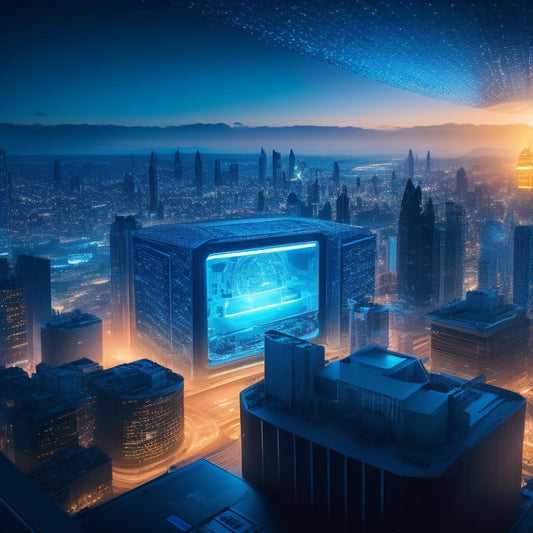 An illustration of a digital vault with a glowing blue light emanating from within, surrounded by floating digital devices, and intricate cybersecurity patterns in the background, with a subtle cityscape at dusk.