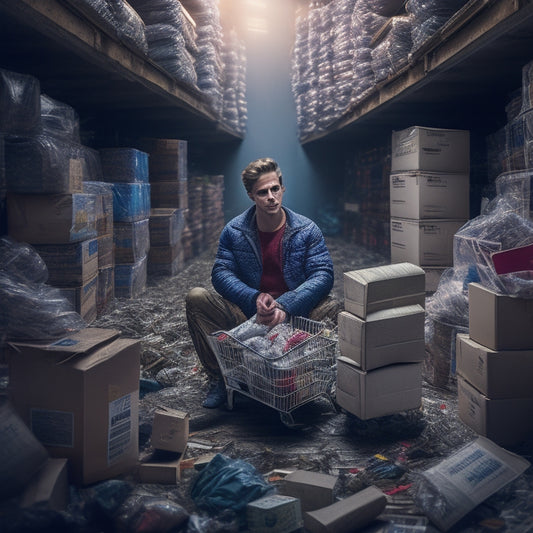An illustration of a person stuck in a labyrinth of product pages, surrounded by broken shopping carts and torn packaging, with a faint light of a solution in the distance.