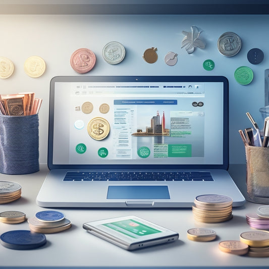 An illustration of a stylized, modern online storefront with coins and dollar signs swirling around it, surrounded by simplified icons of laptops, tablets, and smartphones.