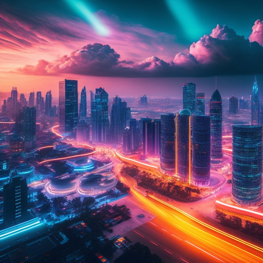 A futuristic cityscape at dusk with sleek, modern skyscrapers and neon lights, featuring floating 3D shopping carts, smartphones, and laptops surrounded by swirling clouds of ones and zeros.