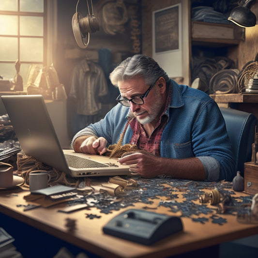 An illustration of a store owner surrounded by broken gears, tangled threads, and scattered puzzle pieces, with a subtle ecommerce website on a laptop in the background, and a hint of sunlight peeking through the chaos.