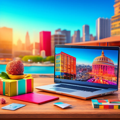 A colorful illustration of a laptop displaying a thriving online store, with various product categories and a shopping cart, surrounded by shipping boxes, payment cards, and a cityscape in the background.