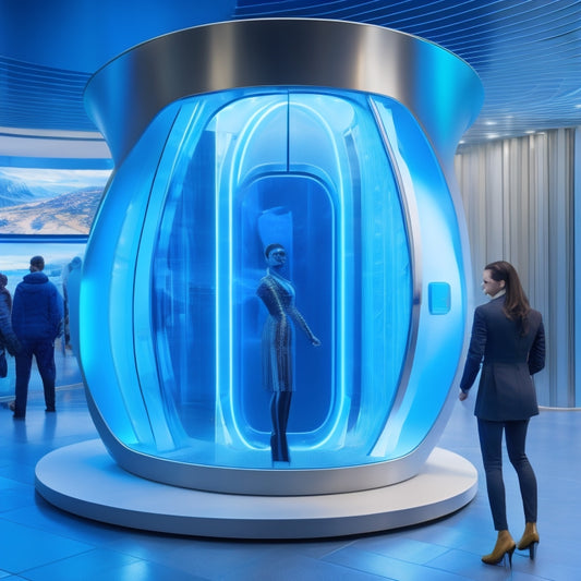 A futuristic kiosk with a curved, glowing screen displays a 3D avatar assisting a user, surrounded by swirling blue lines and shapes, evoking innovation and human-centered design.
