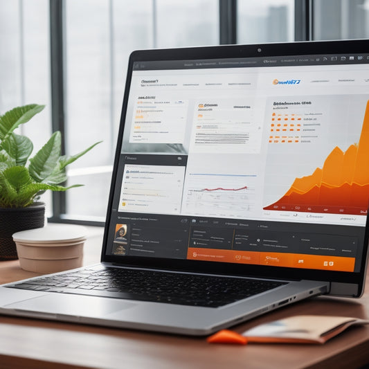 A laptop screen displaying a Magento 2 dashboard, with various downloadable products and files visible, surrounded by colorful icons, charts, and graphs, with a subtle background of coding lines and gears.