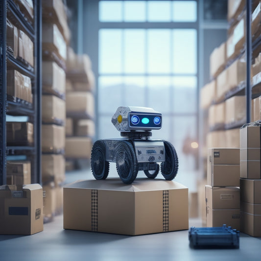 A futuristic, minimalist illustration of a robot surrounded by organized ecommerce packages, with gears and cogs in the background, symbolizing efficiency and automation.