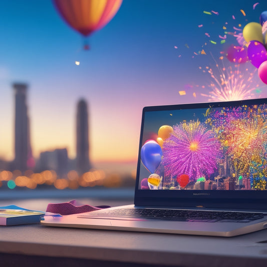 A vibrant, modern illustration of an online storefront bursting out of a laptop screen, surrounded by confetti, balloons, and streamers, with a subtle cityscape background at sunset.