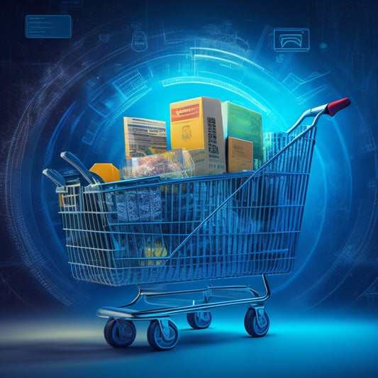 A futuristic, high-tech illustration of a digital shopping cart overflowing with various e-commerce tools, surrounded by swirling lines of code, shield icons, and subtle hints of online payment methods.