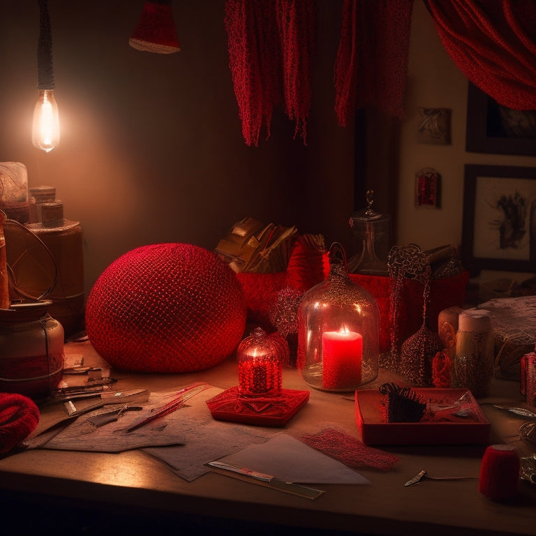 A dimly lit, cluttered workspace with scattered craft supplies and half-finished handmade items, overshadowed by a large, red "X" marked through a provocative, lace-trimmed object in the center.