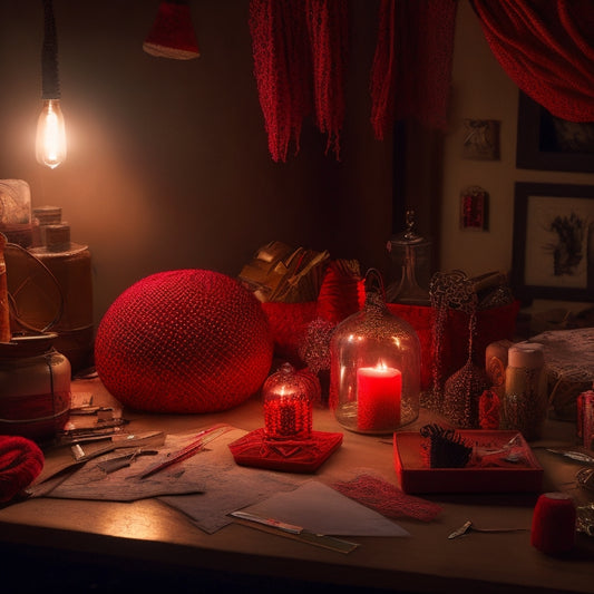 A dimly lit, cluttered workspace with scattered craft supplies and half-finished handmade items, overshadowed by a large, red "X" marked through a provocative, lace-trimmed object in the center.