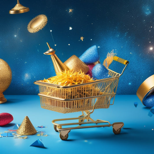 A golden shopping cart overflowing with diverse products, surrounded by arrows pointing upward, confetti, and sparkles, set against a bright blue background with subtle ecommerce icons.
