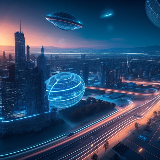 A futuristic e-learning cityscape at dusk, with glowing neon lines and orbs, surrounded by flying laptops and tablets, with a large, sleek, silver "Course Merchant" building at the center.
