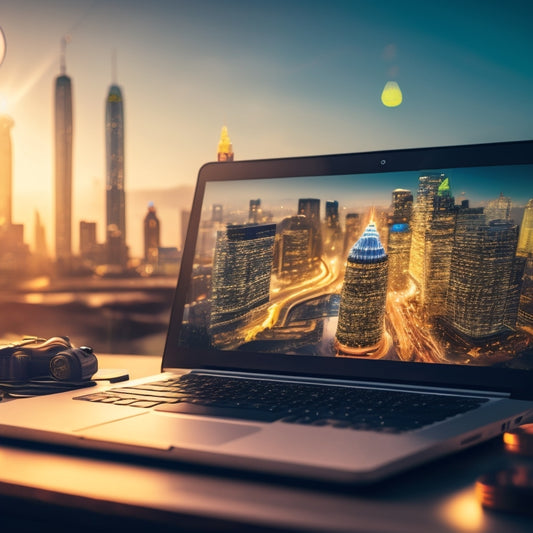 A stylized illustration of a laptop screen displaying a graph with an upward trajectory, surrounded by coins, shopping bags, and a miniature globe, set against a blurred cityscape background.