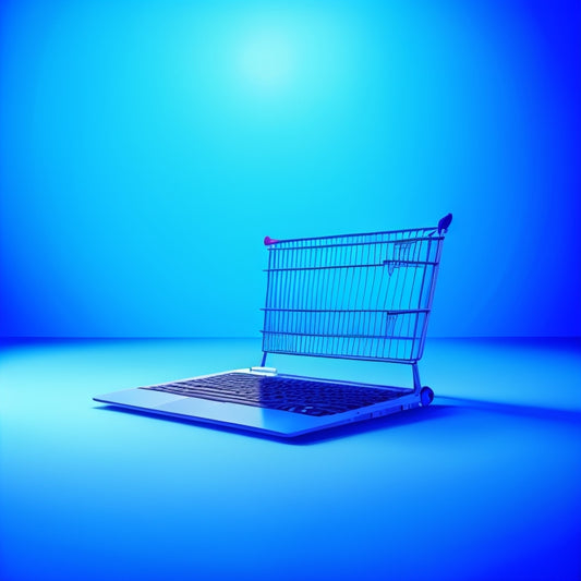 A minimalist illustration of a laptop with a shopping cart icon on the screen, surrounded by swirling arrows and gears, set against a bright blue background with subtle ecommerce-themed patterns.
