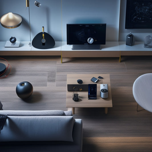 A stylized illustration of a seamless, interconnected network of devices, depicting a smart home setup with a Marantz audio system at its center, surrounded by sleek lines and minimalist shapes.
