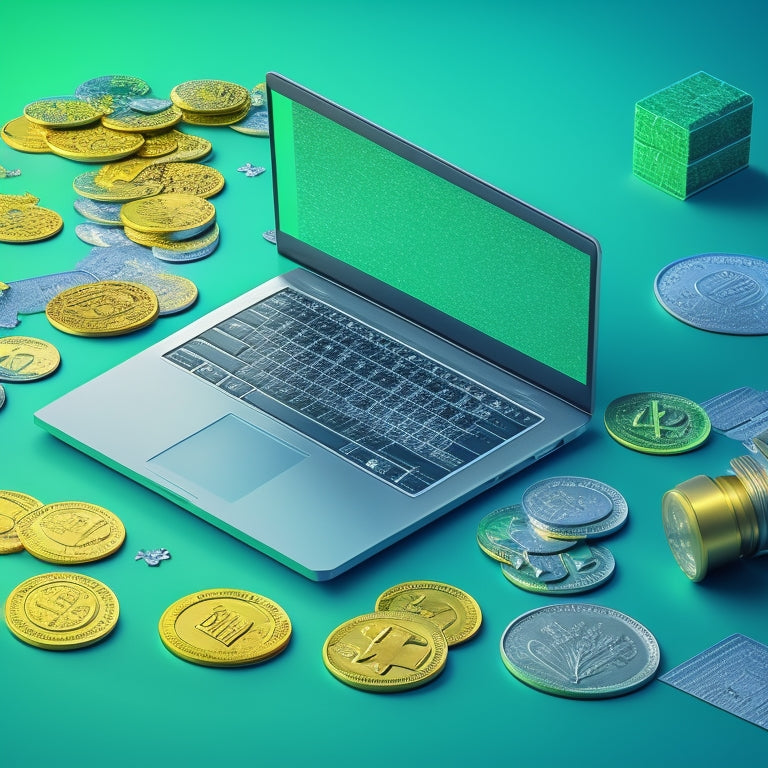 An illustration of a digital product (e.g. a laptop or tablet) surrounded by ascending arrows, coins, and puzzle pieces, set against a gradient background transitioning from blue to green.