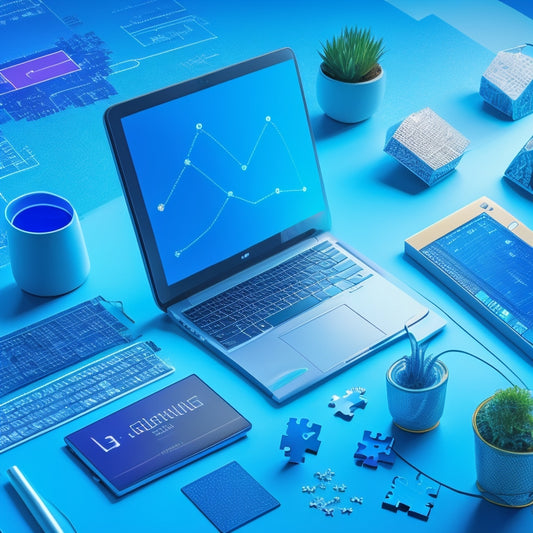 A stylized illustration of a laptop and smartphone surrounded by upward-trending graphs, shopping bags, and puzzle pieces, set against a bright blue background with subtle circuit board patterns.