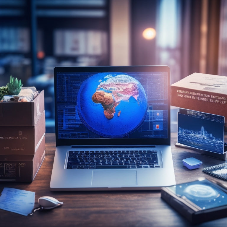 A futuristic illustration of a laptop screen displaying a dashboard with various charts, graphs, and icons, surrounded by e-commerce boxes, shipping labels, and a miniature globe in the background.