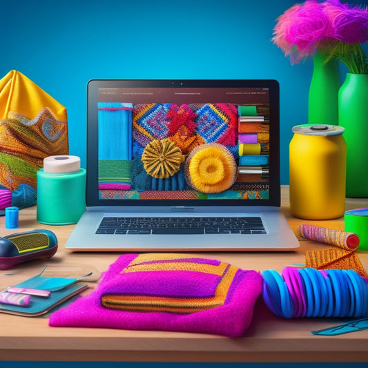 An illustration of a laptop with a shopping cart icon on the screen, surrounded by crafting tools like scissors, glue, and threads, amidst a background of colorful fabrics and ecommerce icons.